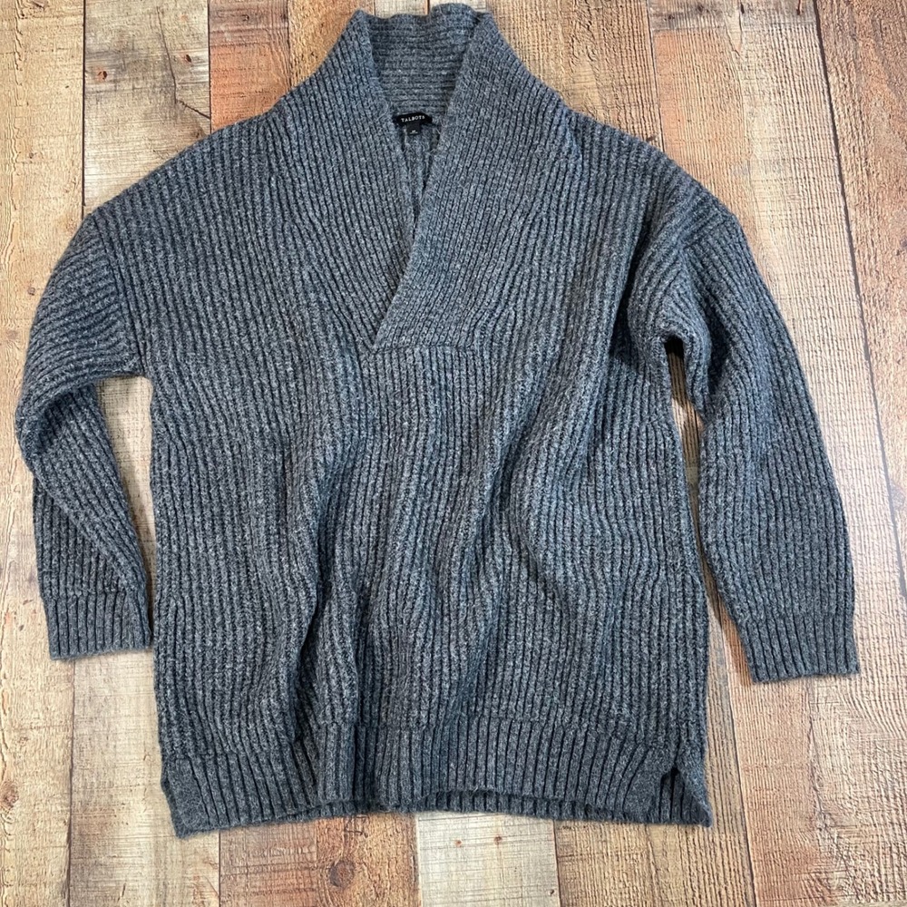 Talbots Grey Chunky Ribbed Knit Shawl Collar Pullover Sweater Medium Oversized